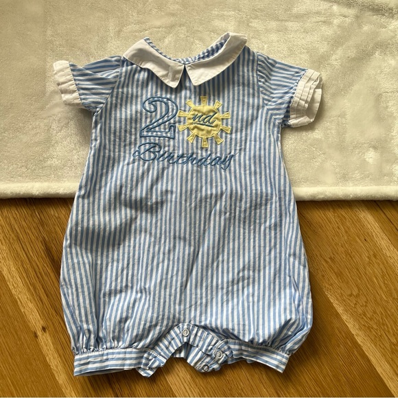 Lil Cactus second Birthday Romper blue white stripe embroidered sun 2t - Picture 2 of 5